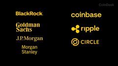A dark graphic displays logos of major financial and crypto firms including BlackRock, Goldman Sachs, J.P. Morgan, Morgan Stanley, Coinbase, Ripple, and Circle, representing the 54 entities participating in the UK government's initiative related to Ethereum.