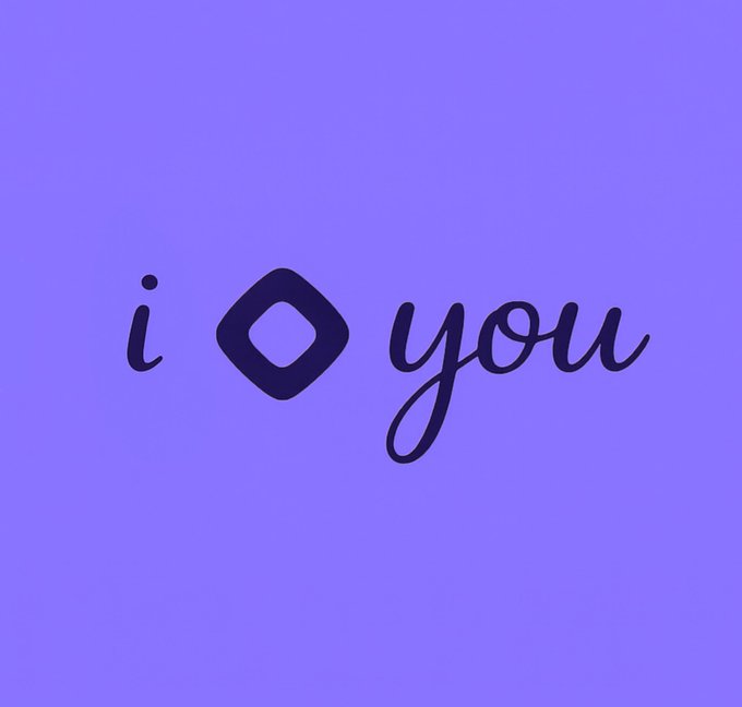 A purple background displays the stylized text 'i ❤ you', where the heart is shaped like a rounded square.