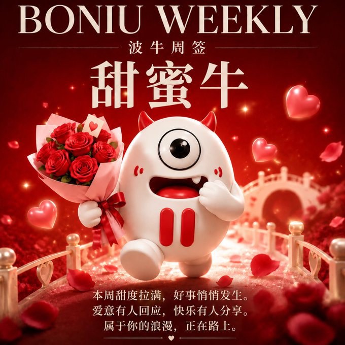 A cute cartoon bull mascot holding a bouquet of red roses stands on a romantic bridge with floating hearts, promoting "BONIU WEEKLY" with Chinese text reading "甜蜜牛" (Sweet Bull). The image aligns with the post's theme of positive energy and good fortune, using the adorable bull character to deliver an uplifting weekly message filled with romantic, optimistic imagery.