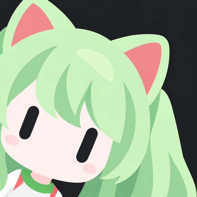 A digital illustration of an anime-style character with light green hair, pink cat ears, simple black eyes, pink cheeks, and a green choker on a black background.