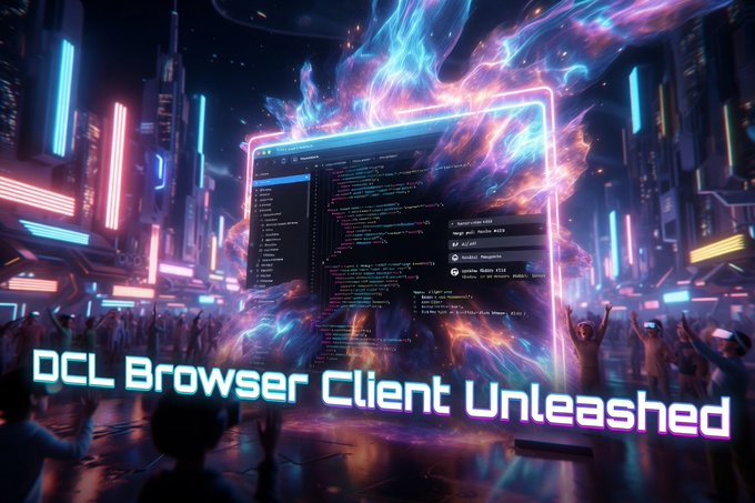 A vibrant cyberpunk-style promotional image featuring neon code and a glowing browser interface with the text 'DCL Browser Client Unleashed'.