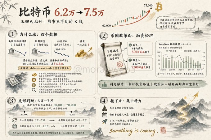 Chinese financial infographic titled '比特币 6.2万→7.5万' (Bitcoin 62K → 75K) analyzing a 3-4 day rally, covering four data points on liquidity, monetary policy, bottom judgment (60,000-70,000), and future outlook with the phrase 'Something is coming.'
