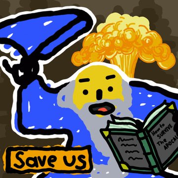 A cartoon-style illustration of a worried yellow-faced character holding a book titled "How to Survive the Apocalypse" with an explosion overhead and text reading "SAVE US".