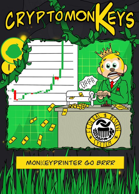 A cartoon-style illustration titled 'CRYPTO MONKEYS' showing a monkey operating a money printer at a desk with a Federal Reserve System logo, with a chart and 'MONKEYPRINTER GO BRRR' text below.
