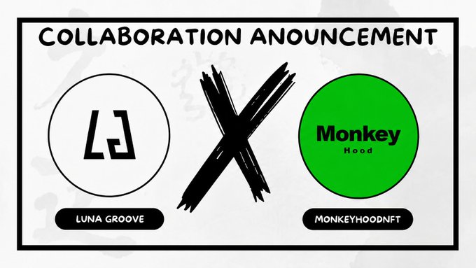 A graphic announcing a collaboration between 'LUNA GROOVE' and 'MONKEYHOODNFT', featuring their respective logos—an LG symbol in a circle and a green circle with 'Monkey Hood'—separated by a large black 'X'.