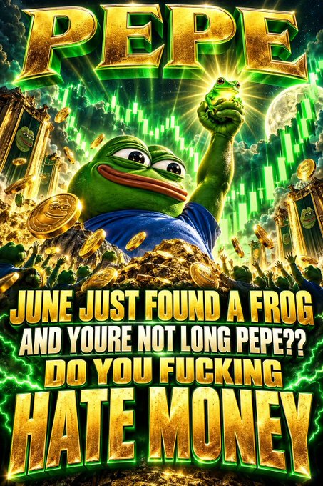 A muscular, triumphant Pepe the Frog stands surrounded by gold coins and green candlestick charts, with bold text reading "PEPE," "JUNE JUST FOUND A FROG AND YOURE NOT LONG PEPE?? DO YOU FUCKING HATE MONEY," visually hyping the $PEPE meme coin's explosive potential.