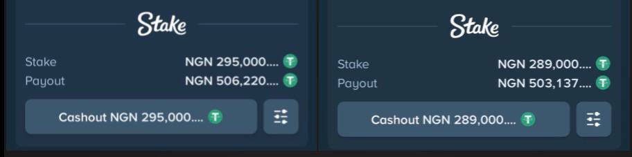Two side-by-side Stake betting slips show wagers of NGN 295,000 and NGN 289,000, both offering cashout options with payouts of NGN 506,220 and NGN 503,137 respectively, promoting the platform's betting and welcome bonus offer.
