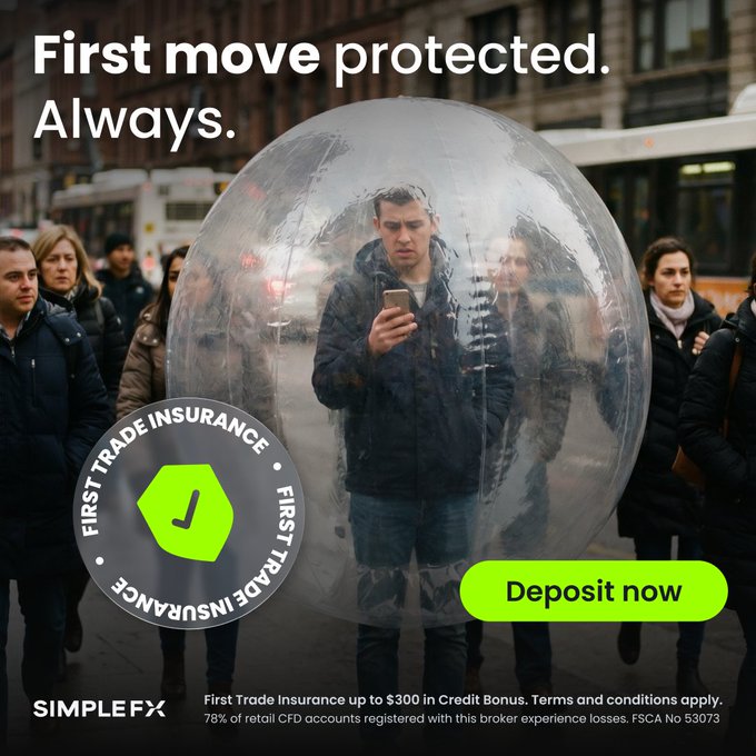 The ad for SimpleFX features the headline "First move protected. Always." alongside an image of a man checking his phone while surrounded by a protective bubble in a crowded street, with a "Deposit now" call-to-action and fine print noting "First Trade Insurance up to $300 in Credit Bonus" (FSCA No 53073), visually reinforcing the post's offer of first-trade protection and up to $300 back in credit for new trading account holders.