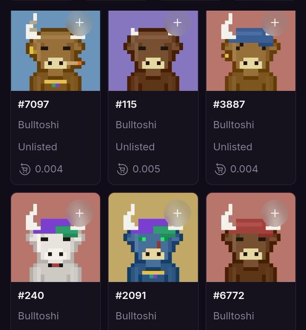 The image shows six pixel-art Bulltoshi NFT collectibles (token IDs #7097, #115, #3887, #240, #2091, #6772) priced between 0.004-0.005 ETH, which the poster is giving away to $ANSEM community members who comment with their Solana wallet addresses.