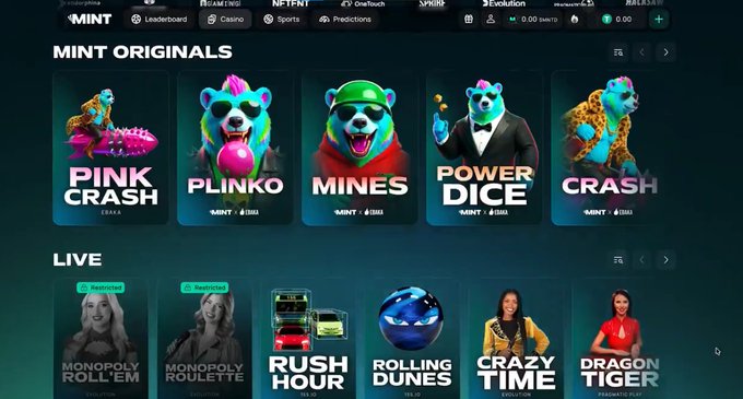 A screenshot of a gambling/casino website called "MINT" showing "MINT ORIGINALS" games including "PINK CRASH", "PLINKO", "MINES", "POWER DICE", and "CRASH", along with a "LIVE" section featuring games like "MONOPOLY ROLL 'EM", "RUSH HOUR", "ROLLING DUNES", "CRAZY TIME", and "DRAGON TIGER".