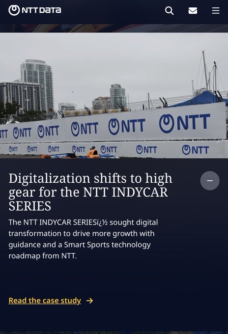 A promotional banner for NTT Data featuring an INDYCAR race track with NTT-branded barriers, advertising the case study "Digitalization shifts to high gear for the NTT INDYCAR SERIES" with a call-to-action link to "Read the case study."