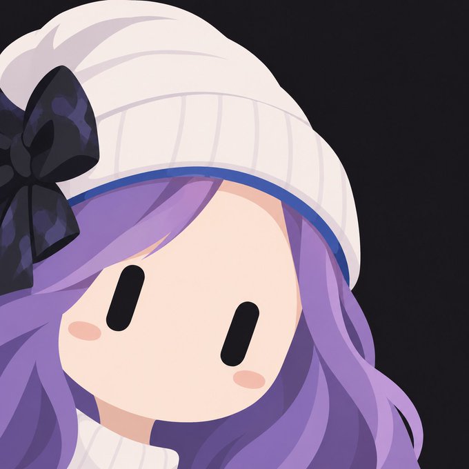 A chibi-style anime illustration of a character with purple hair, rosy cheeks, and simple black dot eyes, wearing a white beanie with a dark blue bow.