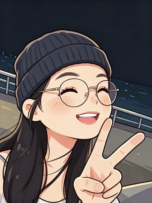 An illustrated anime-style portrait of a smiling girl wearing a beanie and round glasses, making a peace sign.