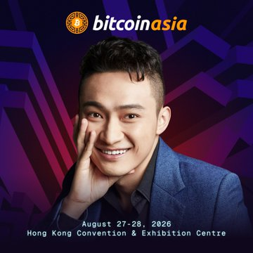 The image features a man wearing a blue suit and smiling for the camera while posing with his hand on his face. The background includes a purple and black color scheme, which complements the man's attire. The text "BREAKING: JUSTIN SUN TO SPEAK AT BITCOIN ASIA 2026" is prominently displayed in white letters at the bottom of the image. This suggests that the event is related to Bitcoin and stablecoins, as indicated by the post title.