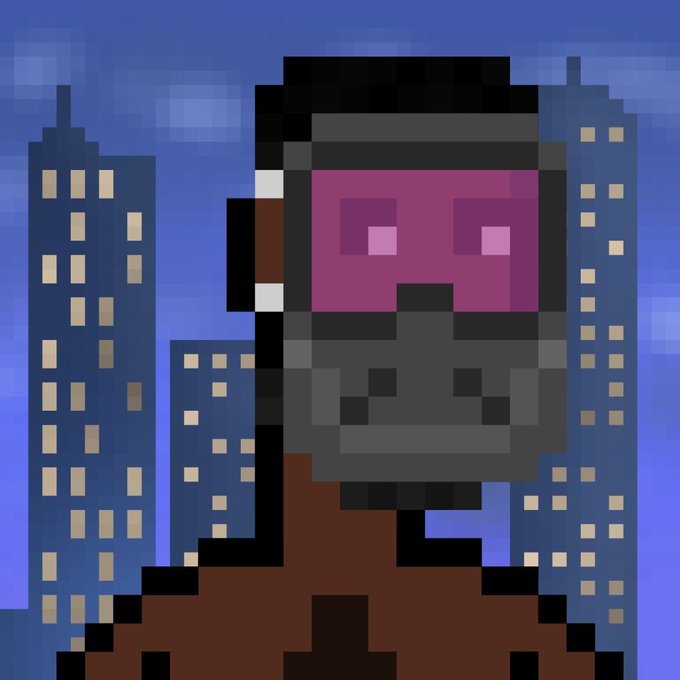 A pixel art illustration depicts a character with pink goggles, a dark face mask, and a brown jacket standing before a blue-toned city skyline at night.