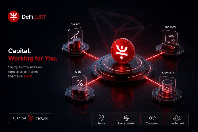 A promotional graphic for 'DeFi JUST' advertising 'Capital. Working for You.' with features Supply, Borrow, Earn, and Liquidity, built on TRON, highlighting Secure, Smart Contracts, Transparent, and User Focused attributes.