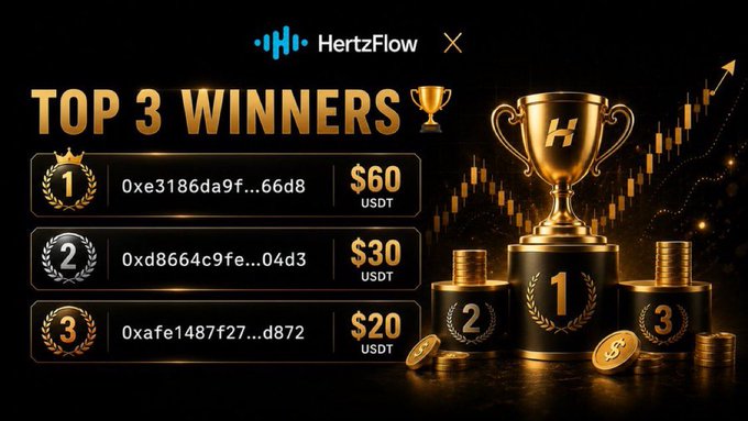 HertzFlow's Top 3 Winners leaderboard displays the top referral competition recipients: 1st place (0xe3186da9f...66d8) wins $60 USDT, 2nd place (0xd8664c9fe...04d3) wins $30 USDT, and 3rd place (0xafe1487f27...d872) wins $20 USDT, visualized alongside golden trophies and an upward trending chart.