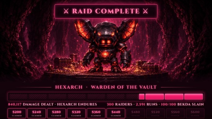A screenshot of a "RAID COMPLETE" victory screen from the blockchain game Loot Survivor, showing the defeat of the boss "HEXARCH · WARDEN OF THE VAULT" with stats including 840,117 damage dealt across 2,591 runs and 300 raiders, alongside claimed reward tiers ranging from $200 to $600. The celebratory graphics complement the player's "GG WP" message thanking the game's developers for an enjoyable experience.