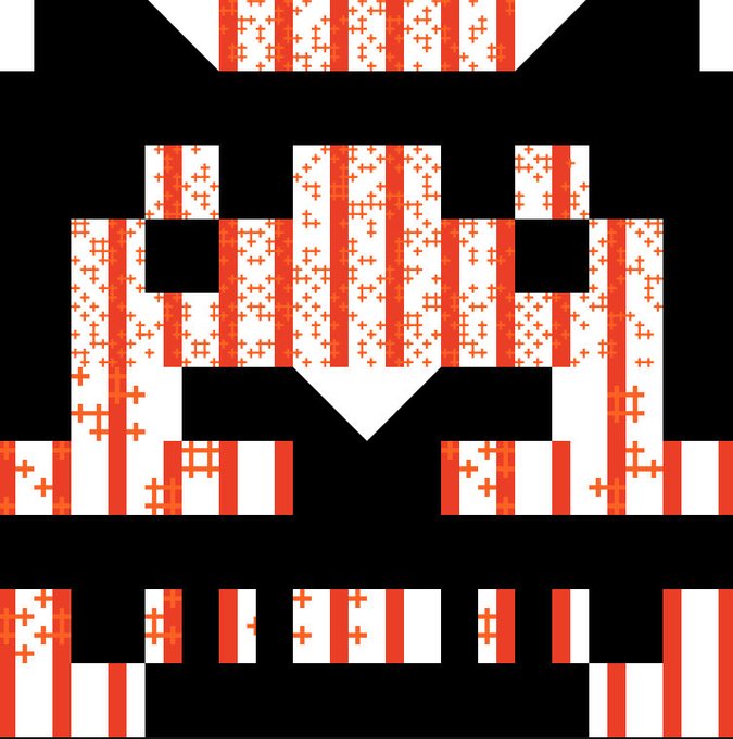 A pixelated, symmetrical abstract design featuring orange and white shapes with cross patterns set against a black background.