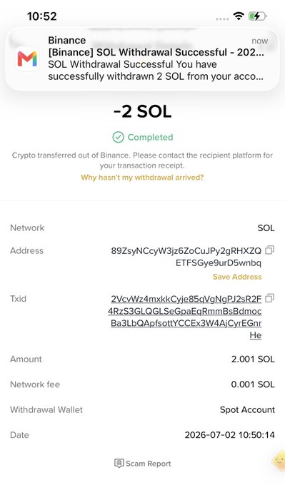 A Binance notification confirms a successful 2 SOL withdrawal (2.001 SOL, 0.001 SOL fee) to address 89ZsyNCcyW3jz6ZoCuJPy2gRHXZQETFSGye9urD5wnbq on July 2, 2026, serving as proof that the promised airdrop was sent to the giveaway winner.