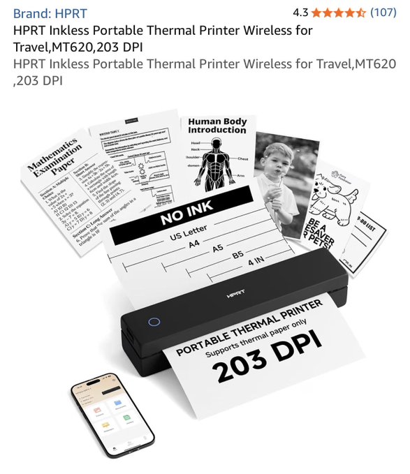 The image shows an Amazon product listing for the HPRT Inkless Portable Thermal Printer (MT620, 203 DPI), rated 4.3 stars from 107 reviews, displaying the black wireless printer with a smartphone, "NO INK" label, and various printed samples including documents and photos. This product image is being used in a giveaway post promising the printer as a prize to someone who replies with their EVM wallet—essentially a scam tactic to lure crypto wallet information from unsuspecting participants.