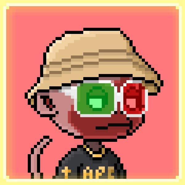 Pixel art portrait of a person wearing a straw hat and 3D glasses with green and red lenses, set against a pink background.