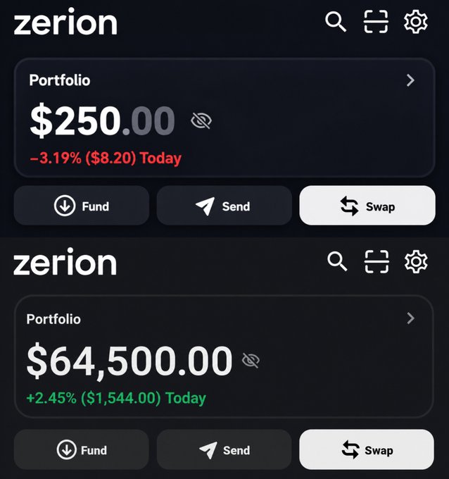 The image shows a phone screen displaying two different account balances related to trading Zerion cryptocurrency. One balance reads $64,500, while the other displays $250,000. The screen also has a chatbot feature that says "From $250 to $64,500 Only in my imagination for now But the conviction in @Somnia_Network is very real. Still grinding. still bullish. still here." This message seems to be related to the image and could be an automated response from the chatbot or a promotional statement about Zerion trading.