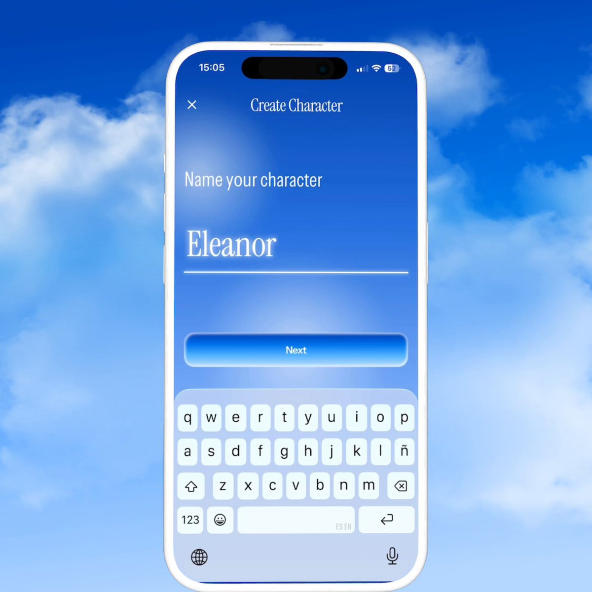 The image shows a white smartphone with a blue sky background, displaying an app icon for "Creative Character". The phone screen features a name field where one can input their character's name, and there are buttons below that allow them to create or edit characters in the app. The text on the screen reads "@charmsai" followed by "@base Characters are the new content", indicating that the user has just launched a character creation session for @base Characters.