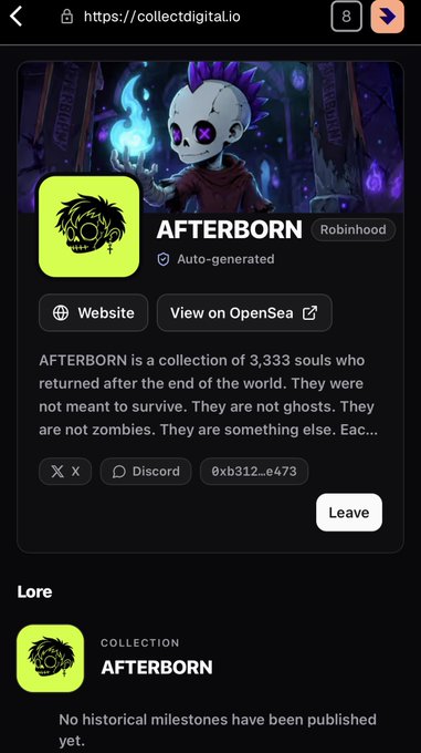 A screenshot from collectdigital.io showing the 'AFTERBORN' NFT collection page, featuring a skeleton character with a blue mohawk holding a blue flame, with text describing it as 'a collection of 3,333 souls who returned after the end of the world.'
