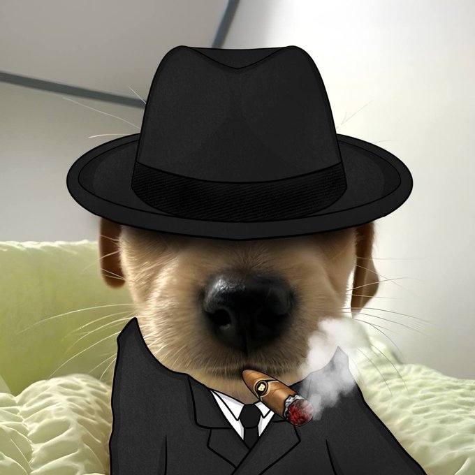 A golden-furred dog wearing a black fedora and suit holds a lit cigar in its mouth, channeling a classic gangster aesthetic that fits the "gbilly" meme character referenced in the post by $billy.