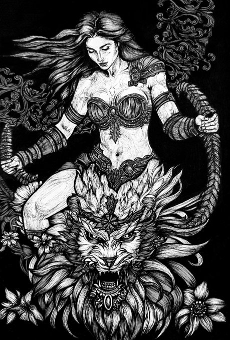 A black and white line drawing depicting a fierce warrior woman with long flowing hair, wearing armor and wielding a whip or chain, sitting atop a roaring lion.