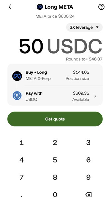 A mobile trading interface showing a Long META position at $50 USDC with 3X leverage, displaying META price at $600.24 and a position size of $144.05.