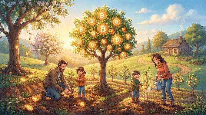 An illustrated scene of a family planting a tree laden with Bitcoin symbols, alongside other trees and a cottage in a sunny landscape.