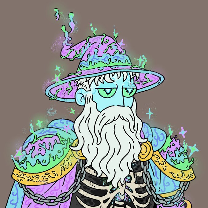 A colorful psychedelic illustration of a wizard-like figure with a long white beard, wearing a flowing hat and robes in vibrant pinks, purples, greens, and blues, surrounded by glowing stars and magical energy.