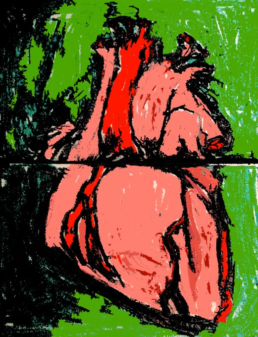 A stylized screen print of an anatomical heart in pink and red tones against a green background, split horizontally with the top half showing the heart from a slightly different angle.