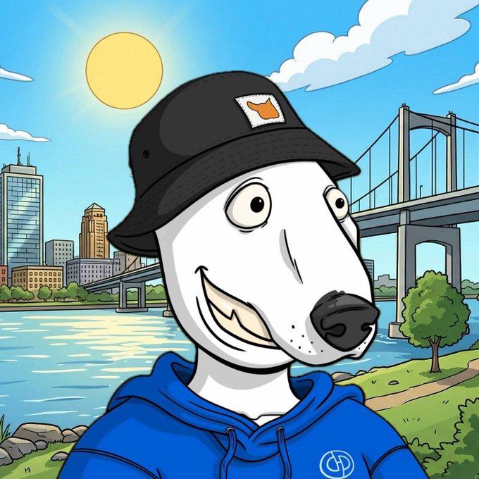 Cartoon white dog wearing a black cap and blue hoodie in front of a city skyline and bridge.