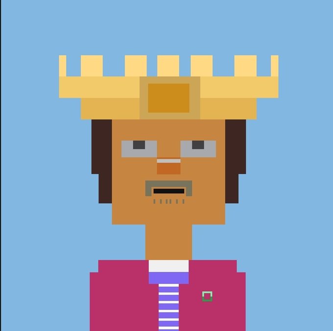 A pixel art character with brown skin, a goatee, and a golden crown-like headpiece wears a pink suit against a light blue background.