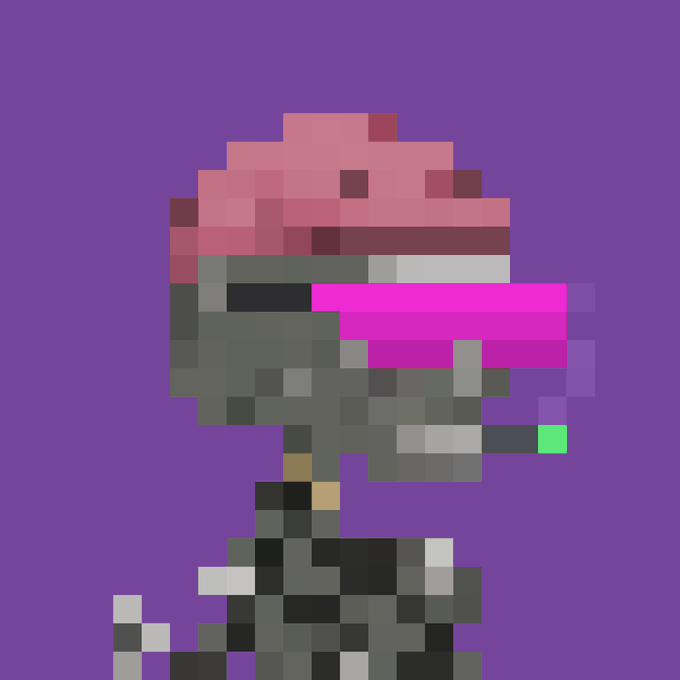 A highly pixelated image on a purple background showing pink and dark blue blocks.