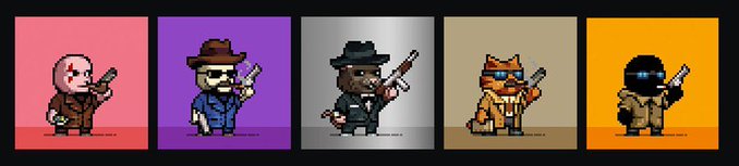 Five pixel-art characters—featuring a masked figure in a fedora, a man in a blue suit with cowboy hat, a bearded man in a black suit, an orange cat-like creature, and a black-gloved figure in tactical gear—all wield firearms against distinct colored backgrounds (red, purple, gray, brown, and orange), representing the "Agencies" in Robinhood's GameFi game with Spy Inc.
