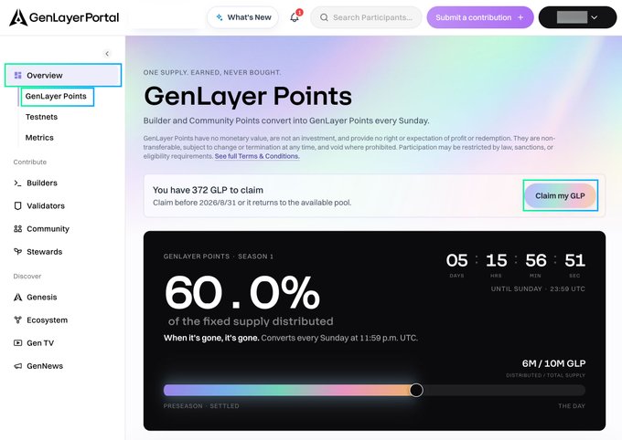 The image shows the GenLayer Portal's "GenLayer Points" page, highlighting a notification that "You have 372 GLP to claim" before the August 31st deadline, alongside a "Claim my GLP" button. It also displays that 60.0% of the fixed supply has been distributed in Season 1, with a countdown of 5 days, 15 hours, 56 minutes, and 51 seconds until Sunday—reinforcing the post's urgency to claim points before they're gone.