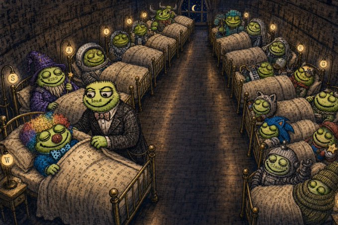 An illustration depicting a dormitory with rows of small beds, each occupied by a green-faced character with closed eyes, while one character in a clown nose stands beside another bed.