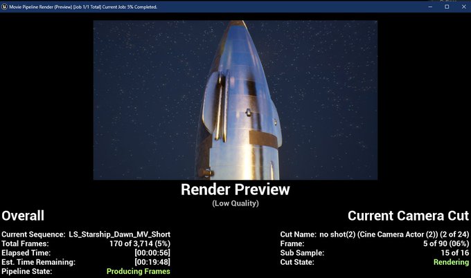 A movie pipeline rendering software preview screen showing a rocket ship against a starry sky, with progress statistics indicating 5% completion of 3,714 total frames in the sequence 'LS_Starship_Dawn_MV_Short'.