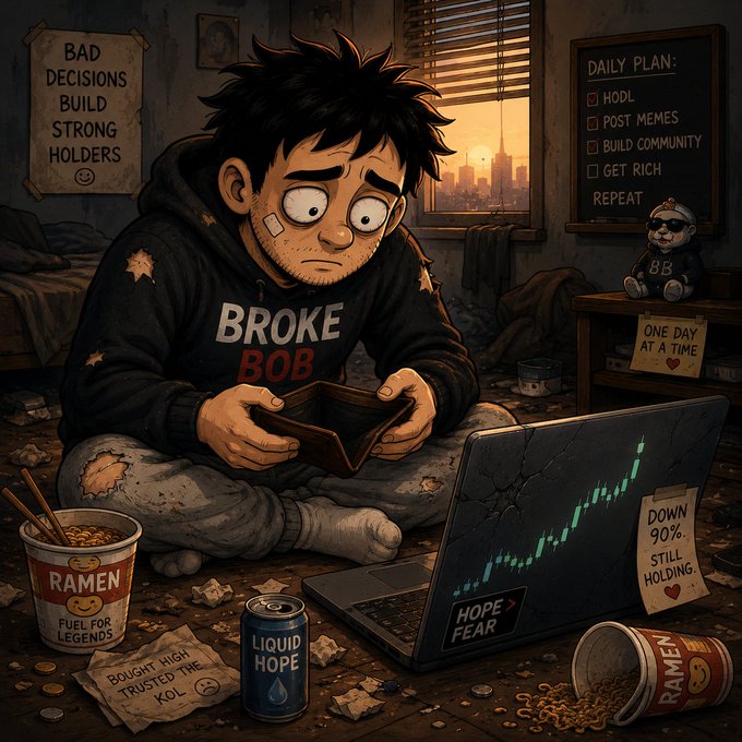 A cartoon illustration depicts a disheveled character in a 'BROKE BOB' hoodie sitting on the floor with an empty wallet, surrounded by ramen cups and a laptop showing 'DOWN 90% - STILL HOLDING' on a crumbling stock chart, with a 'BAD DECISIONS BUILD STRONG HOLDERS' poster and a 'DAILY PLAN: HODL, POST MEMES, BUILD COMMUNITY, GET RICH' checklist.