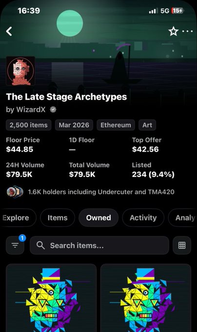 The image shows a mobile screenshot of the NFT collection "The Late Stage Archetypes" by WizardX, displayed on what appears to be OpenSea. It displays collection stats including 2,500 items, March 2026 mint date, Ethereum blockchain, a floor price of $44.85, top offer of $42.56, and 1.6K holders including Undercutter and TMA420.

The screenshot's floor price of $44.85 aligns with the caption's mention of prices ranging "from $19 to $45+, almost 3x," illustrating the significant appreciation of the collection's value.