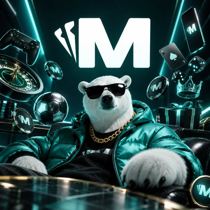 A stylized logo featuring the letter 'M' with a cool polar bear wearing sunglasses and a green puffer jacket, surrounded by gaming and lifestyle icons like cards, dice, and a soccer ball.