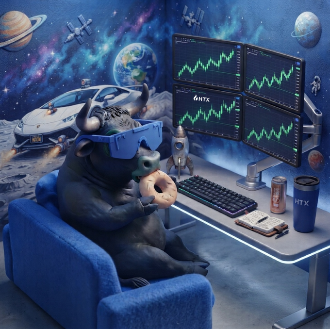 A 3D-rendered bull wearing blue VR goggles sits in a blue chair eating a donut while watching stock charts labeled "HTX" on four monitors, with a space scene and sports car in the background.