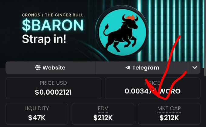 Crypto token info page for '$BARON' (Cronos / The Ginger Bull) showing 'Strap in!' with a price of $0.0002121 USD, $47K liquidity, and $212K FDV/Market Cap, marked with a large red checkmark.