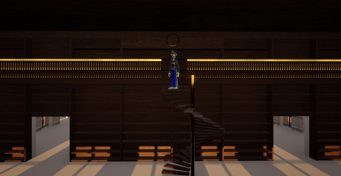 A dimly lit 3D rendered interior scene shows a figure with a halo standing on a balcony above a spiral staircase, illuminated by warm yellow lighting.