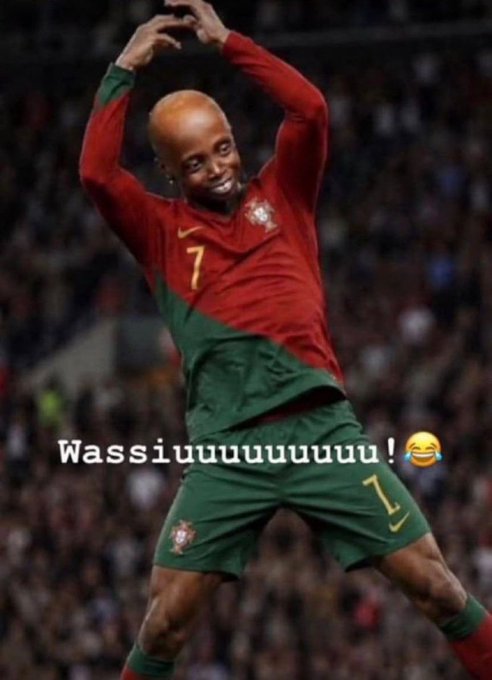 A bald-headed soccer player wearing Portugal's #7 jersey celebrates with a heart-shaped hand gesture above his head, with the caption "Wassiuuuuuuuuu!" overlaid on a stadium backdrop. The post references $SUI crypto on Day 11 of July 2026, though the image itself shows a meme-style celebration that doesn't directly relate to the cryptocurrency mention.