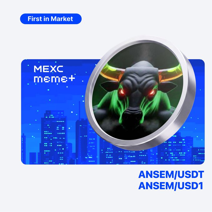 A promotional graphic announcing MEXC's "First in Market" listing on the MEXC Meme+ platform for the trading pairs ANSEM/USDT and ANSEM/USD1, featuring a striking green and black bull illustration over a blue city skyline backdrop. The image aligns with the post's announcement of MEXC's 0-Fee Meme+ listing for the $ANSEM token.
